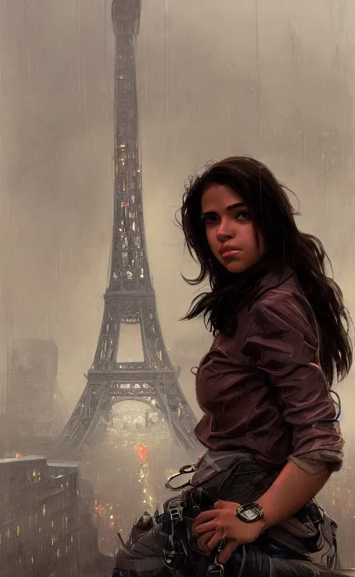Prompt: Portrait of a latina teen climbing the Eiffel Tower in the rain at night, spy thriller, highly detailed, digital painting, artstation, realistic, concept art, illustration, art by Greg Rutkowski and alphonse mucha