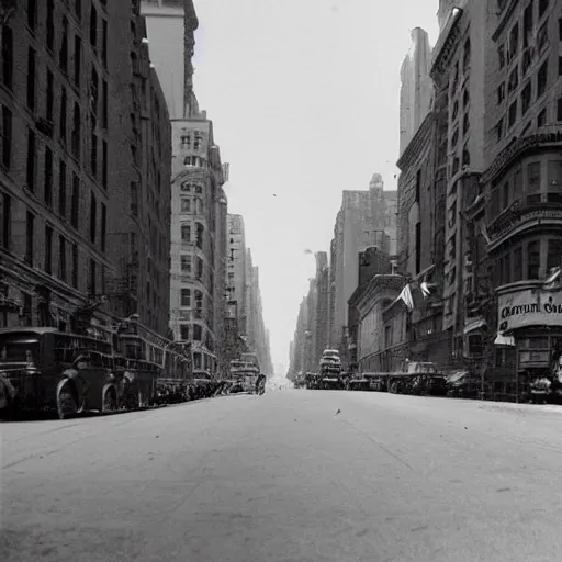 Image similar to new york city street at 1 9 3 0 s. low angle. old photo