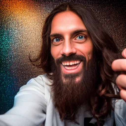 Image similar to jesus christ taking a selfie and posing for a photo, award winning photography, hdr, studio lighting, dynamic pose, medium close shot, shot on canon eos r 5, f / 2. 5,