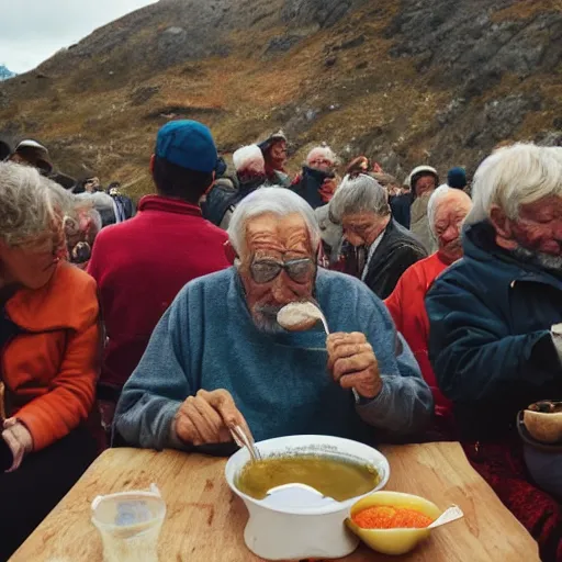 Image similar to a large crowd watching an elderly man eat soup, bold natural colors, national geographic photography, masterpiece, 8 k, raw, unedited, symmetrical balance