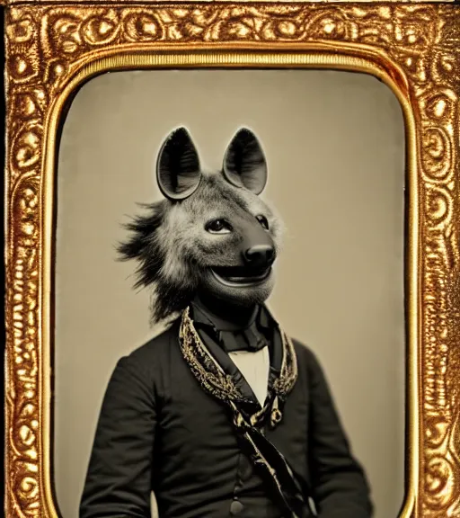 Image similar to professional studio photo portrait of anthro anthropomorphic spotted hyena head animal person fursona smug smiling wearing elaborate pompous royal king robes clothes degraded medium by Louis Daguerre daguerreotype tintype