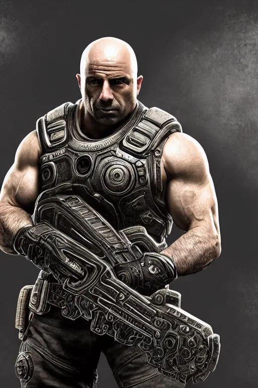 Image similar to Joe Rogan as a muscular Gears of War character, photorealism, full body, white ambient background, unreal engine 5, hyperrealistic, highly detailed, XF IQ4, 150MP, 50mm, F1.4, ISO 200, 1/160s, natural light, Adobe Lightroom, photolab, Affinity Photo, PhotoDirector 365, realistic