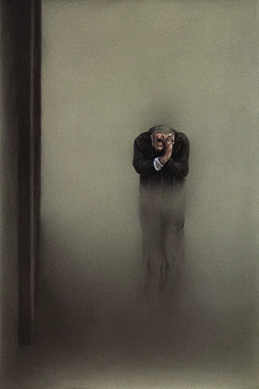 Image similar to horror painting of drunk man in black adidas tracksuit at soviet suburbs, painting by Zdzisław Beksiński