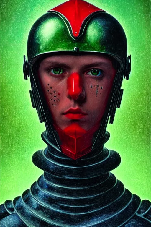 Image similar to portrait of beautiful gothic and futuristic young man, warhammer, cyber armor, a lot of scars, thunderstorm, blue head, red eyes, some green, the middle ages, highly detailed, artstation, illustration, more and more compostion, 8 k quality, art by rene magritte, jean delville