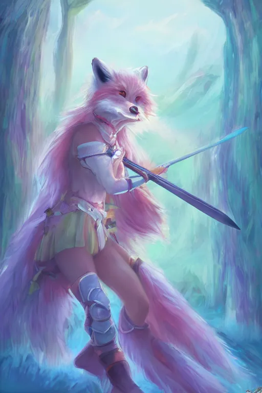 Prompt: a fox warrior princess holding a sword, candy pastel, backlighting, trending on artstation, digital art, by kawacy, furry art