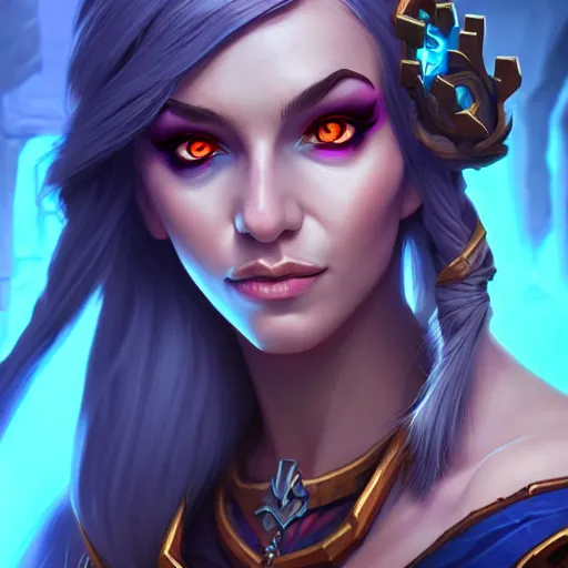 Image similar to Portrait of a sorceress, Hearthstone official trending art, exagerated accurate details, trending on MasterpieceStation in category 'Perfect identical eyes', hyperdetailed, artstation, cgsociety, 8k