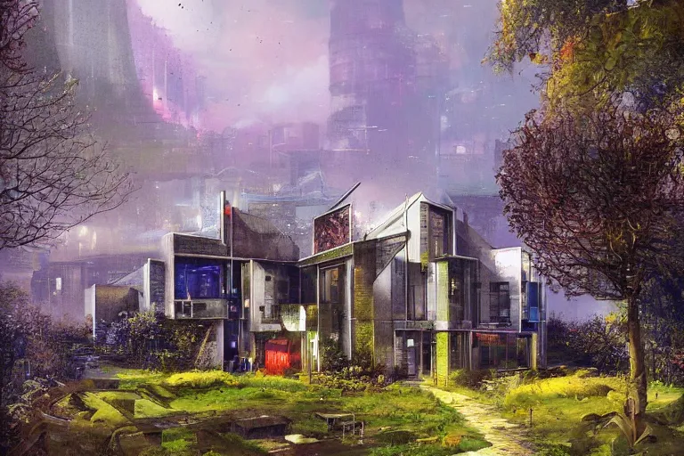 Image similar to cyberpunk, an estate agent listing photo, external view of a 5 bedroom detached countryside house in the UK, by Paul Lehr