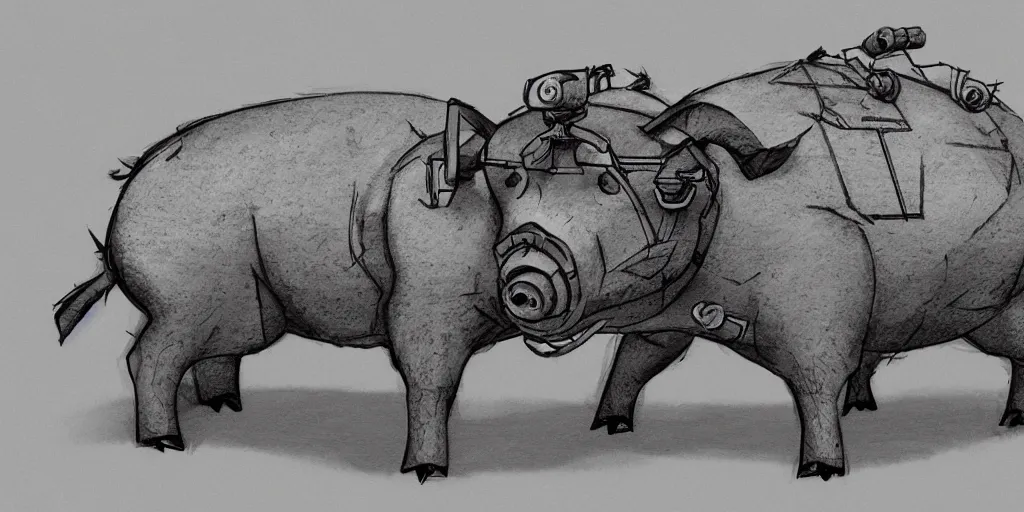 Prompt: concept art of a strong geared metal pig machine