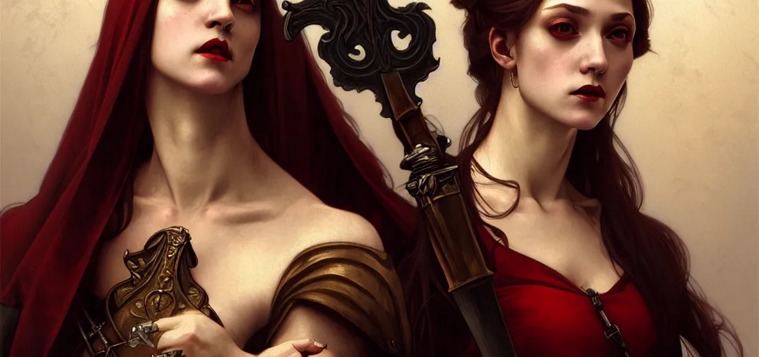 Image similar to renaissance upper body portrait of a female vampire with a sword, lean and toned, cute face, D&D, intricate, elegant, highly detailed, digital painting, artstation, concept art, matte, sharp focus, illustration, art by da Vinci, Artgerm and Greg Rutkowski and Alphonse Mucha