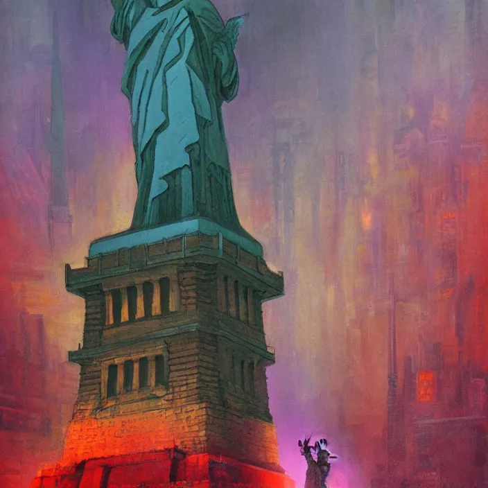 Image similar to statue of liberty in underground city, red and purple palette, volume light, fog, by ( h. r. giger ) and paul lehr