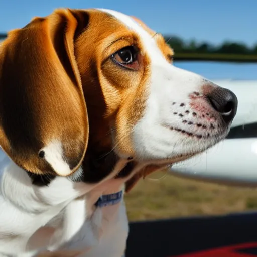 Prompt: a beagle in the shape of a small airplane