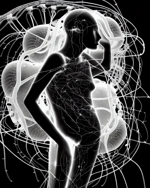 Image similar to black and white young cyborg-human-jellyfish-plant goddess high quality photo, microchip, artificial intelligence, bio-mechanical bio-luminescence, black wired cables, neurons, nerve cells, octane render, cinematic, rim light, hyper realism, photo-realistic, high detail, 8k, masterpiece, high fashion, in the style of H.G. Giger