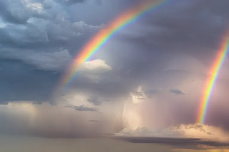 Image similar to a photo of a supercell thunderstorm, rainbow hue, illuminated from various angles by the setting sun, cinematic, mystic hue clouds, breathtaking clouds