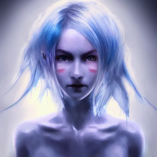 Prompt: portrait of young girl half dragon half human , dragon skin, dragon eyes, dragon crown, blue hair, long hair, highly detailed 3D render, 8k, rpg concept art character, jrpg character, manga, anime, video game character, concept art, David Lynch