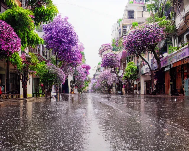 Prompt: a city street under rain of flowers cycles