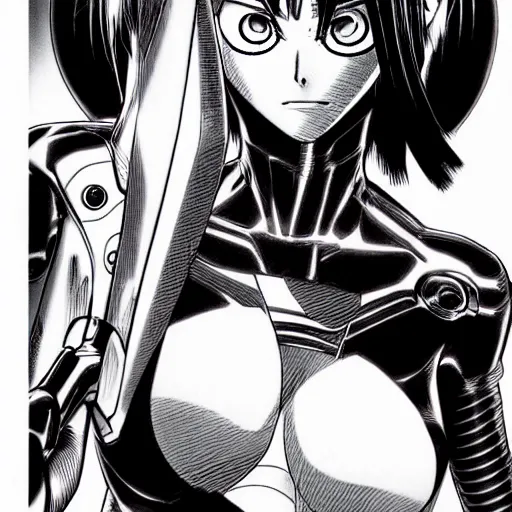 Image similar to alita by yukito kishiro. medium shot. black and white manga. pencil drawing.