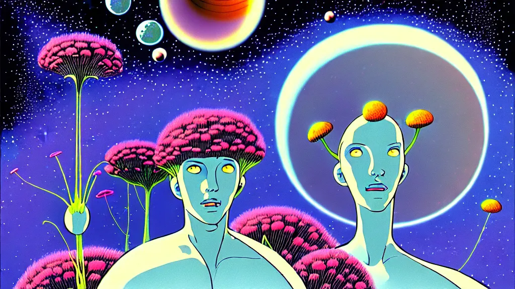 Prompt: a scifi illustration, A bouquet of flowers at the heart of a planet in FANTASTIC PLANET La planète sauvage animation by René Laloux