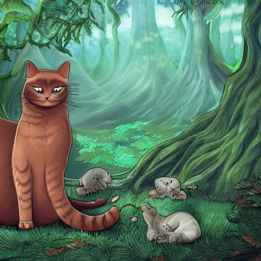 Prompt: cat guardian of the forest, high detail, digital art, anime