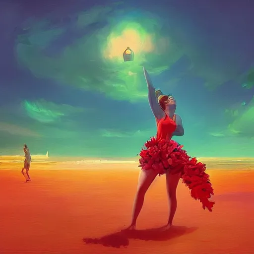 Image similar to portrait, giant rose flower head, girl dancing at the beach, surreal photography, sunrise, blue sky, dramatic light, impressionist painting, digital painting, artstation, simon stalenhag