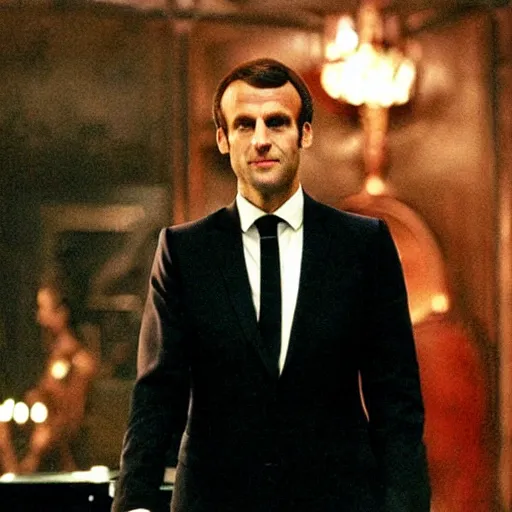 Prompt: Emmanuel Macron in the Gothic nightclub in American Psycho (1999)