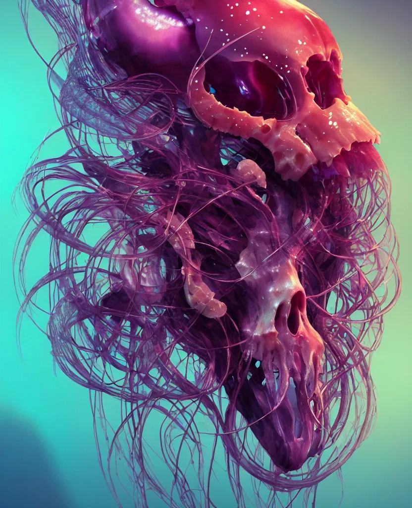 Image similar to goddess close-up portrait animal skull. jellyfish phoenix head, nautilus, orchid, skull, betta fish, bioluminiscent creatures, intricate artwork by Tooth Wu and wlop and beeple. octane render, trending on artstation, greg rutkowski very coherent symmetrical artwork. cinematic, hyper realism, high detail, octane render, 8k