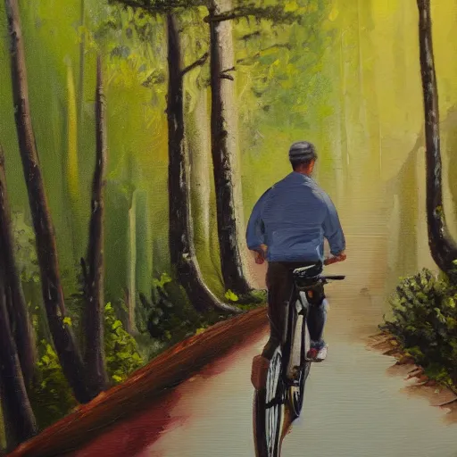 Image similar to man biking up a steep forest hill, sweaty. Oil painting. Emotional. Steep. Trees