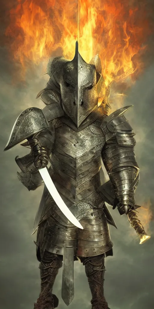 Prompt: full body portrait of half rat knight holding a great sword made of fire, anthropomorphic, prompt:hyper realistic, high detail, photo realistic, cinematic lighting, rendering by octane, spot lighting, in a open field, high quality, coherent. green hue armor