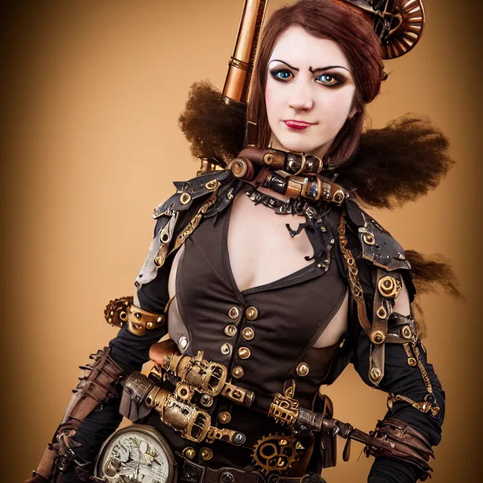 Image similar to professional full length photograph of a beautiful! female steampunk warrior. Extremely detailed. 8k