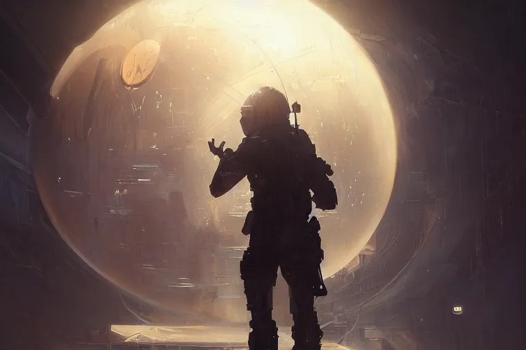 Image similar to portrait sci-fi art by Greg Rutkowski and Ruan Jia and artgerm, a glowing alien bubble floating above the hand of a soldier, futuristic environment, detailed and intricate environment, biomech, cyberpunk, high technology, highly detailed portrait, digital painting, artstation, concept art, smooth, sharp foccus, ilustration, Artstation HQ