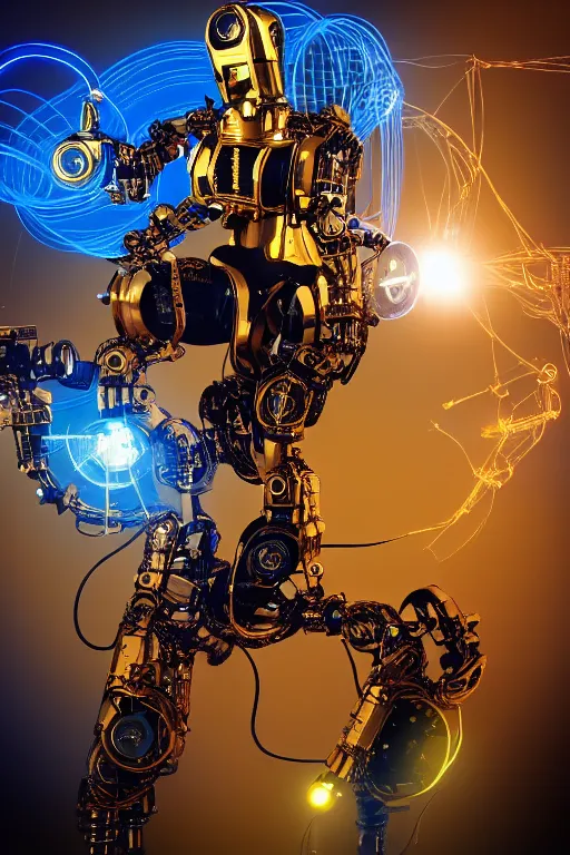 Prompt: portrait photo of a giant huge golden and blue metal humanoid female steampunk robot singer with headphones and microphone and gears and tubes, in the foreground is a big red glowing microphone on a tripod, eyes are glowing red lightbulbs, shiny crisp finish, 3 d render, 8 k, insaneley detailed, fluorescent colors, background is multicolored lasershow