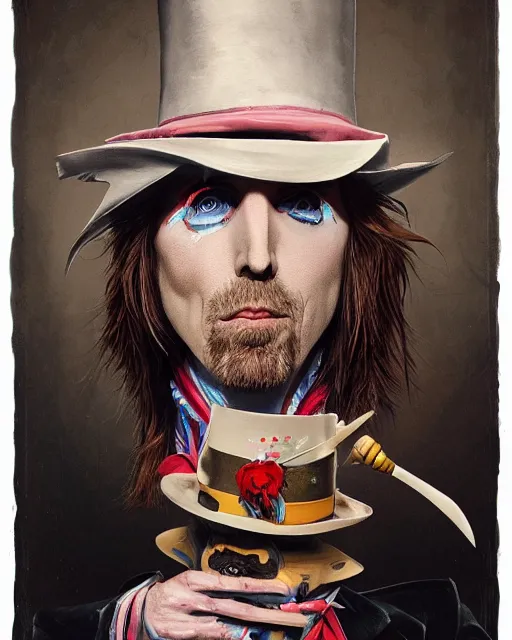 Image similar to tom petty as the mad hatter, contrast, kim jung gi, greg rutkowski, zabrocki, karlkka, jayison devadas, trending on artstation, 8 k, ultra wide angle, zenith view, pincushion lens effect