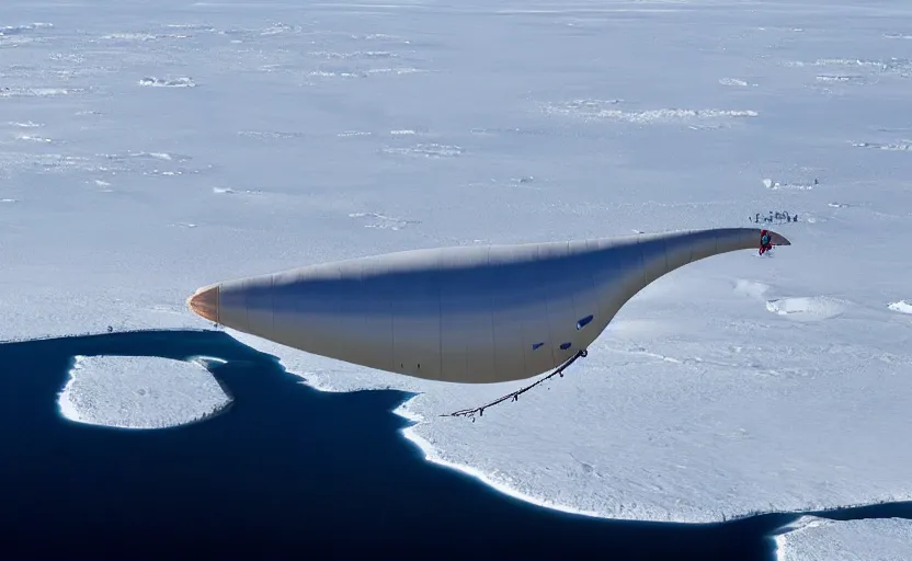 Image similar to a blimp, flying over antartica