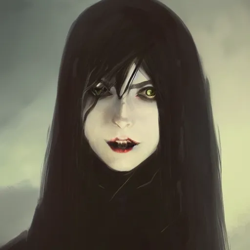 Image similar to female human vampire witch in the style of greg rutkowski, makoto shinkai, trending on artstation, character design, concept art, pretty face, highly detailed, long black hair, portrait, digital art