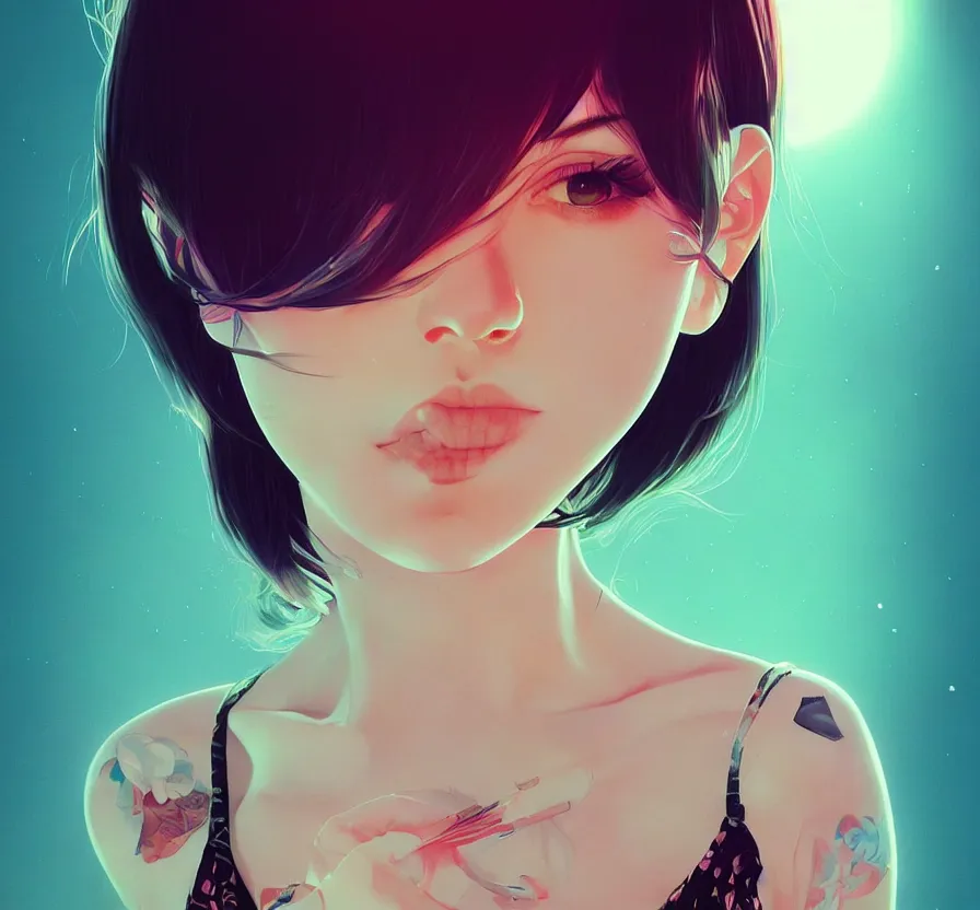 Image similar to a beautiful young british alternative music singer. optical illusion art by ilya kuvshinov lois van baarle ross tran range murata artgerm katsuhiro otomo norman rockwell. highly detailed intricately sharp focus mystically trending deviantart, pinterest, vogue italia, unreal engine 5, 4 k uhd image