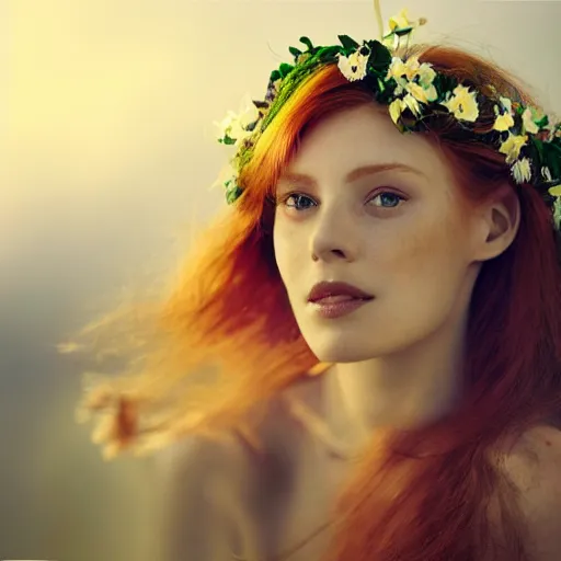 Image similar to Fine art photo of the most beautiful woman, she is redhead, she is posing while maintain a sweet eye contact to the camera, she has a crown of flowers, she has perfect white teeths, she is getting ulluminated by the rays of the sunset, the photo was taking by Annie Leibovitz, Ellie Victoria Gale, Steve McCurry, matte painting, oil painting, naturalism, 4k, 8k