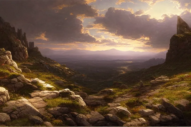 Prompt: view on top of a rocky hill overlooking a large valley, at dusk, very detailed moody, matte painting, volumetric lighting, rocky, stunning detail, 4k, hd, clean, full of detail, sharp focus, rule of thirds by Makoto Shinkai, albert bierstadt, thomas moran, Karol Bak, trending on artstation