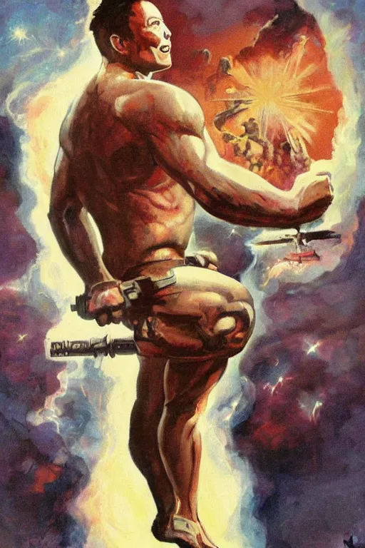 Image similar to chtulu elon musk in the style of frank frazetta