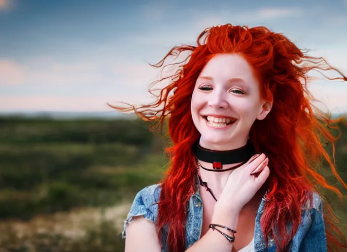 Image similar to portrait of a red haired girl with a choker necklace, and a beautiful smile