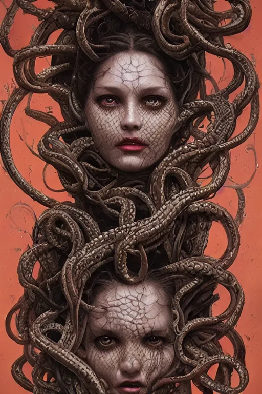 Image similar to Beautiful medusa woman sitting covered in snakes,full character, melting ,8k,by tristan eaton,Stanley Artgermm,Tom Bagshaw,Greg Rutkowski,Carne Griffiths, Ayami Kojima, Beksinski, Giger,trending on DeviantArt,face enhance,hyper detailed,minimalist,horror, android, full of colour