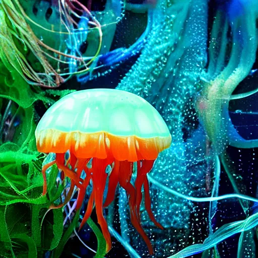 Image similar to realistic hd professional photo of colorful jellyfish creature in underwater mystical world 4 k