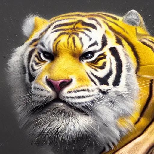 Prompt: a beautfiul award winning aesthetic commission of an antrho albino tiger wearing a yellow-black padded hooded puffer jacket,digital art,art by greg rutkowski,character design by charles bowater,ross tran,photorealistic,detailed face,hyperdetailed,western comic,2021,artstation,deviantart,unrela engine 5