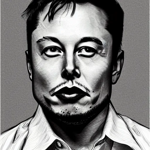 Image similar to Elon Musk portrait profile, black and white sketch, cellshaded, drawn in fine-tip pen, made by WLOP, trending on artstation