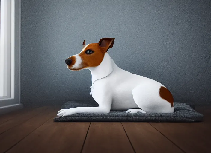 Image similar to photography of a Jack Russel . watching outside the window. on a bed. in a white room. octane render,volumetric light, volumetric fog, photorealistic,, award winning photo, 100mm, sharp, cloth, high res