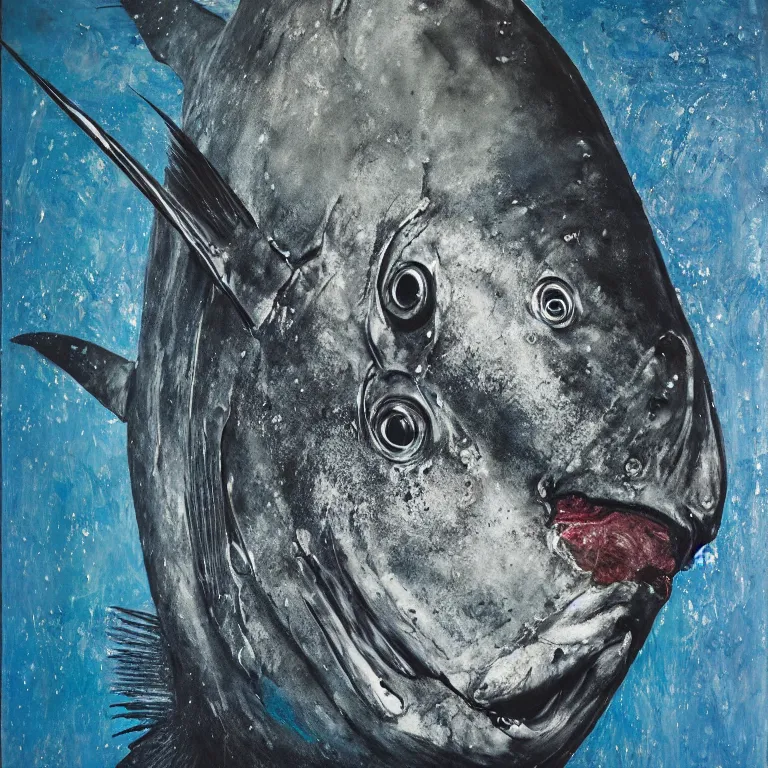 Image similar to Hyperrealistic Studio wet collodion Photograph portrait of a deep sea bluefin Tuna deep underwater in darkness, award-winning nature deep sea expressionistic impasto heavy brushstrokes oil painting by Cy Twombly and Tim Hawkinson vivid colors hyperrealism 8k