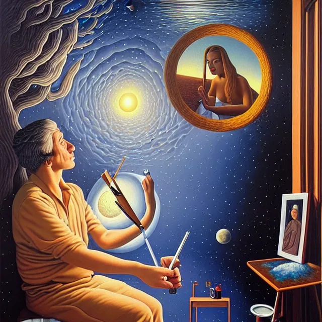 Image similar to an oil on canvas portrait of a man painting a portrait of a beautiful woman, surrealism, surrealist, cosmic horror, rob gonsalves, high detail