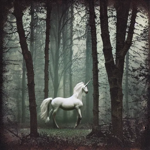 Image similar to wounded young unicorn in a foggy forest, polaroid photography in style of andrey tarkovski, spiritual, mystical, sublime