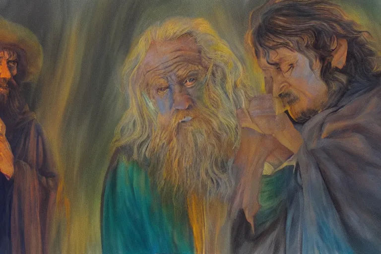 Image similar to gandalf and frodo painted in the style of francis bacon, expressionist, 4 k, realistic