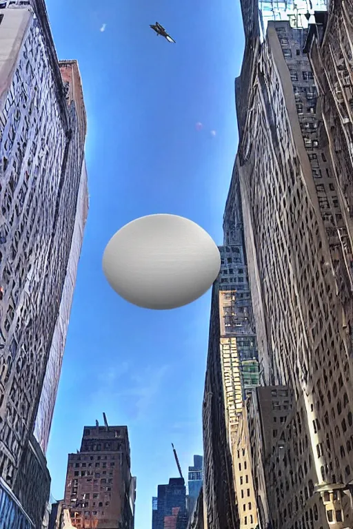 Prompt: giant UFO in the sky of New York, a photo taken on iPhone, photo taken from the ground, social media