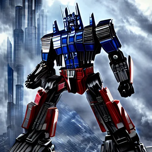 Image similar to optimus prime shooting at megatron, striking pose, robot huge, fly engines,