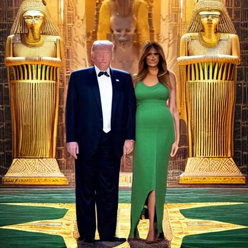 Image similar to donald and melania trump as egyptian pharaoh and queen, elegant, majestic, powerful, pyramids, anunaki, hieroglyphs, lush, rainforest, river, green, river god, wilbur smith, gold, trump tower